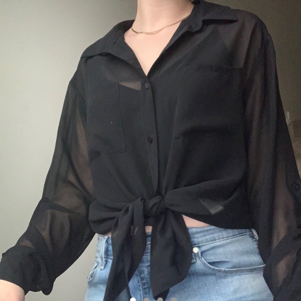 Black See Thru Button Down Blouse - image 1